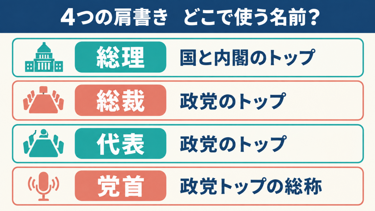 総理は国、総裁と代表は政党、党首は政党トップの総称と示す要約図解
