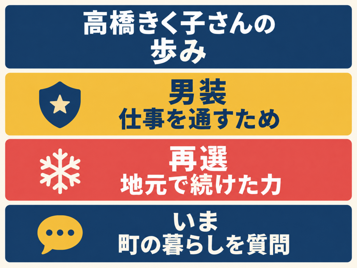 高橋きく子町議の歩みと現在の活動を示す振り返り図解