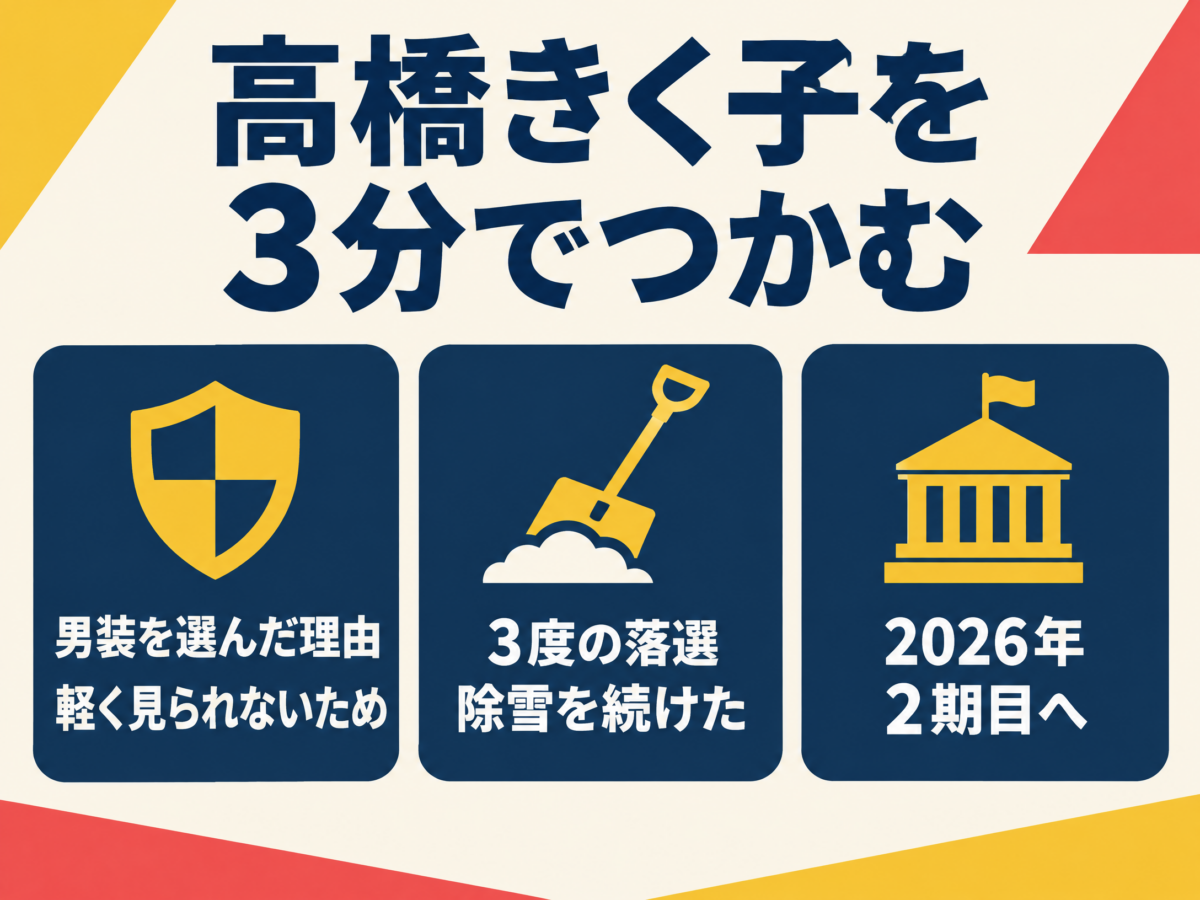 高橋きく子町議の経歴と再選を示す要約図解