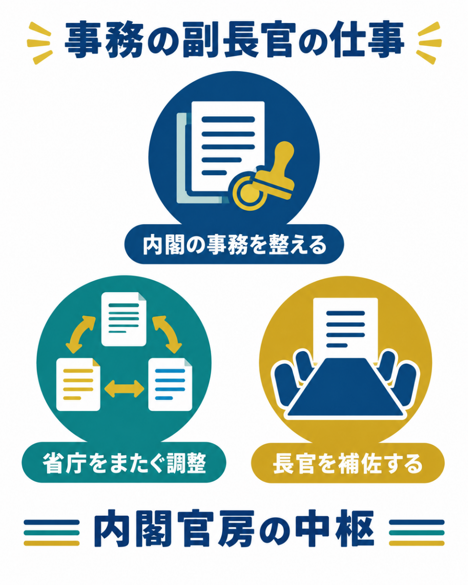 事務の副長官が内閣の事務、省庁をまたぐ調整、官房長官の補佐を担う図解