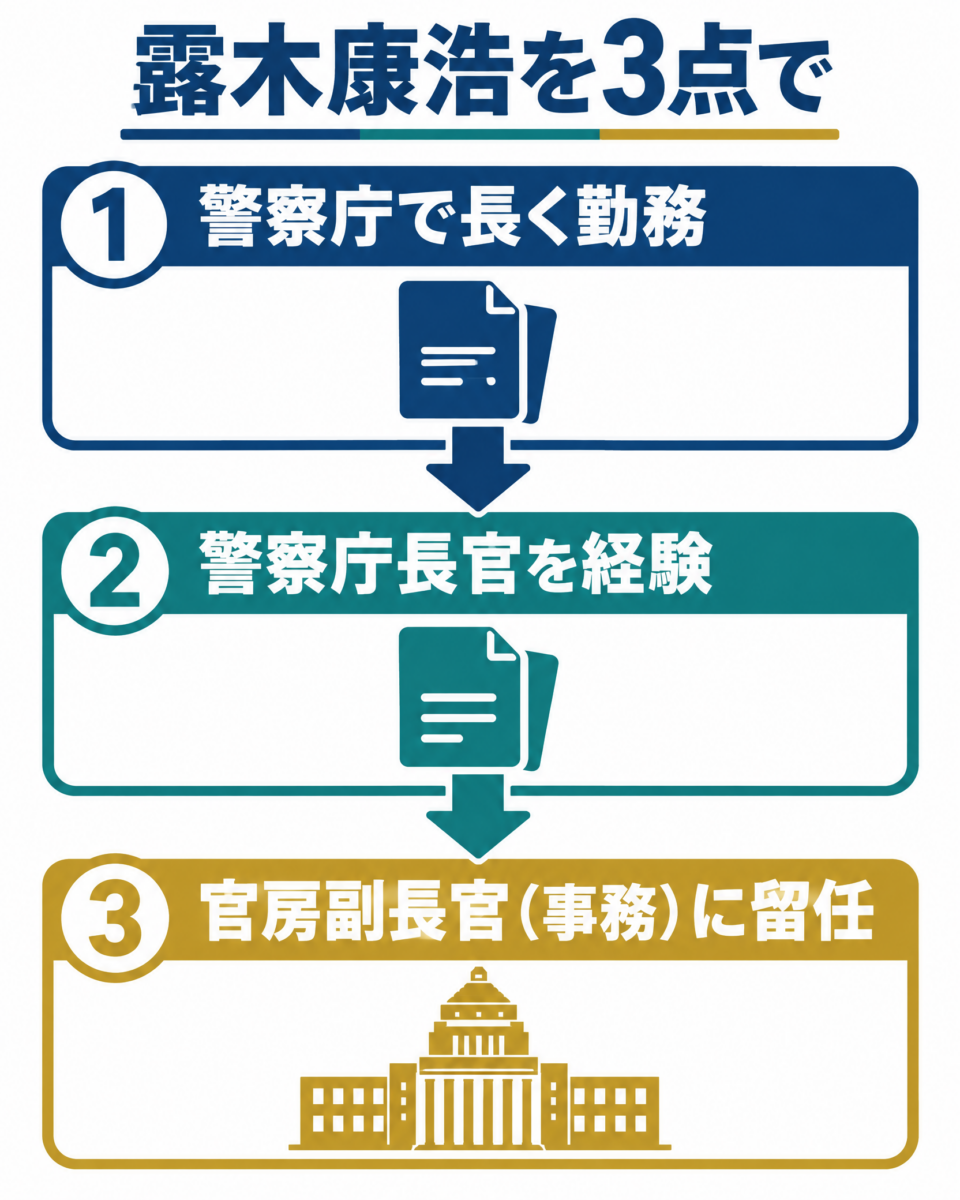露木康浩が警察庁、警察庁長官、内閣官房副長官へ進んだ流れを示す図解