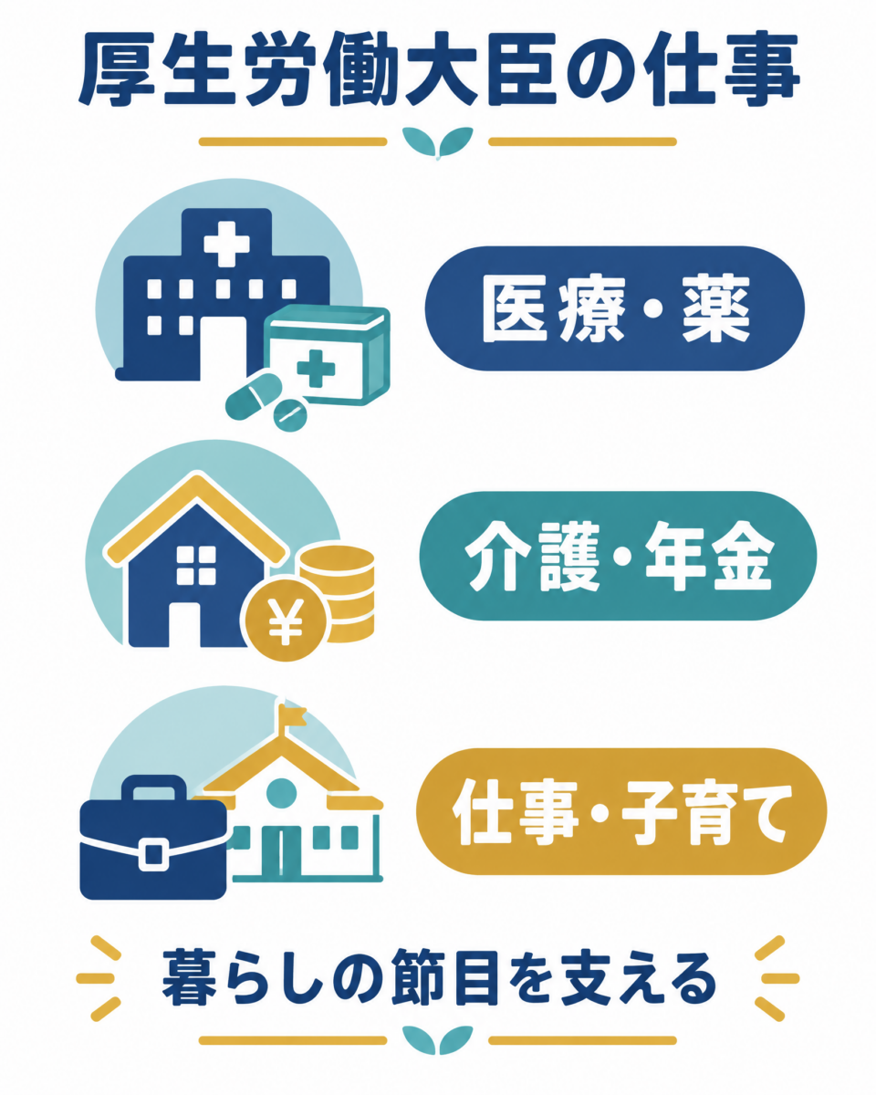 厚生労働大臣が担う医療と薬、介護と年金、仕事と子育ての図解
