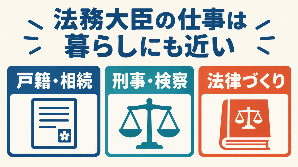 戸籍と相続、刑事と検察、生活に近い法律を示した法務大臣の仕事図解