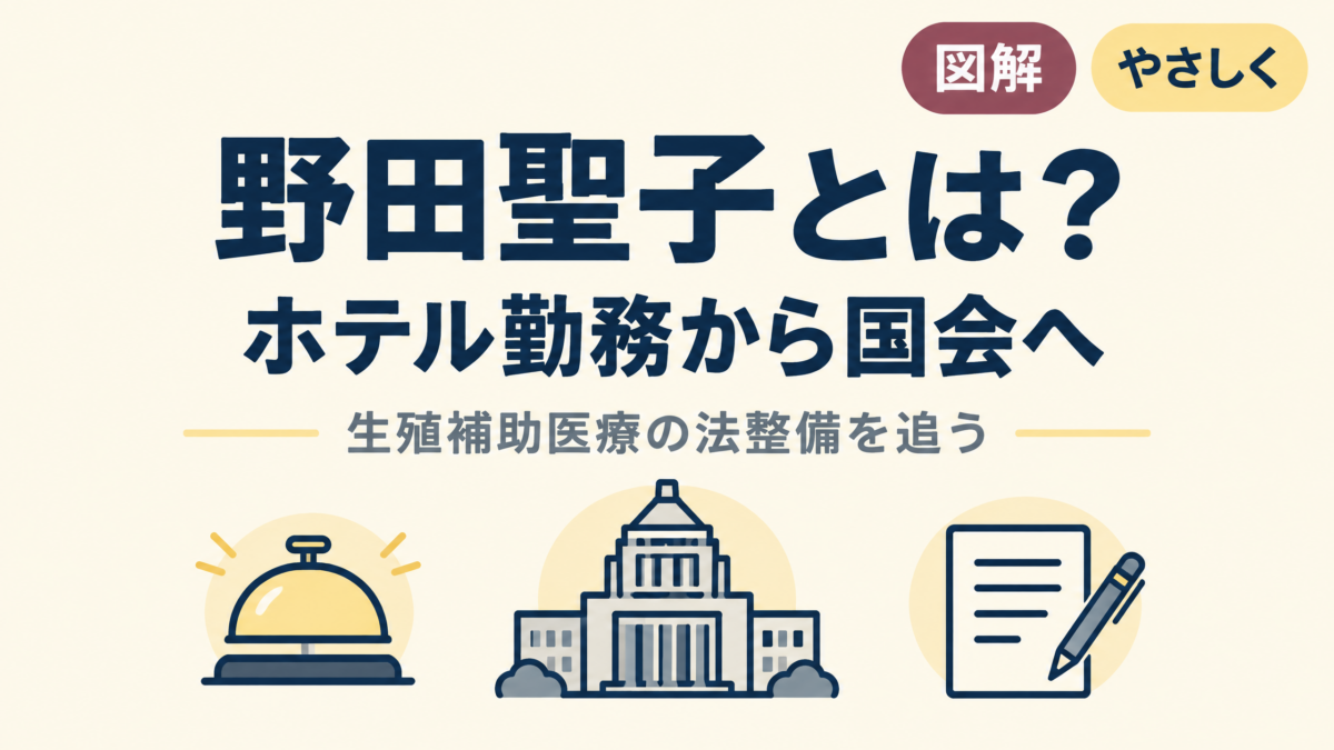 野田聖子氏がホテル勤務から県議、国会、そして生殖補助医療の制度づくりへ進んだ歩みを示す図解