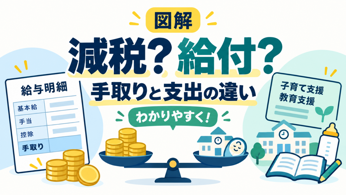 減税と給付で手取りと支出のどちらが軽くなるかをわかりやすく示すアイキャッチ