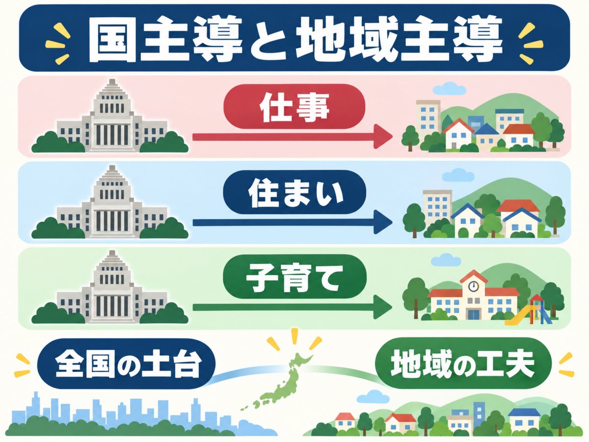 国主導の中央集権と地域主導の地方分権の役割の違いを示す図解