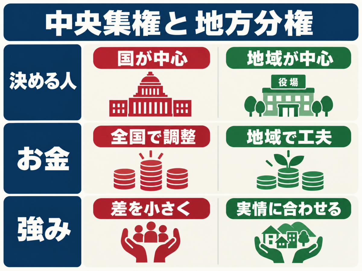 中央集権と地方分権・道州制の違いをわかりやすく示す要約図解
