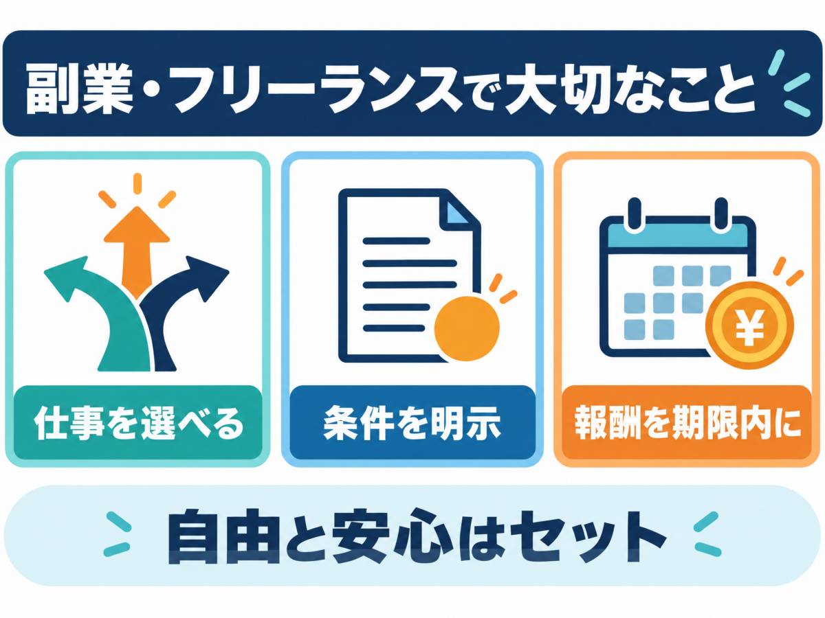副業とフリーランスで仕事の条件と報酬を守るポイントを示す図解