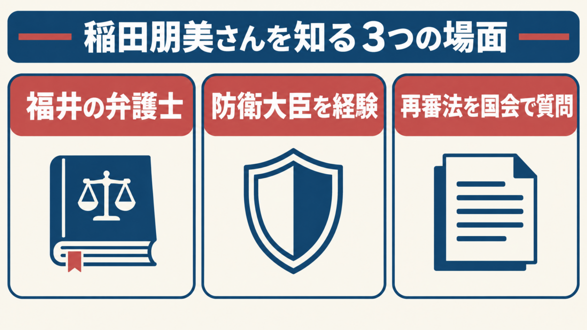 福井の弁護士、2016年の防衛大臣、2026年の再審法質疑を3点で示す要約図解