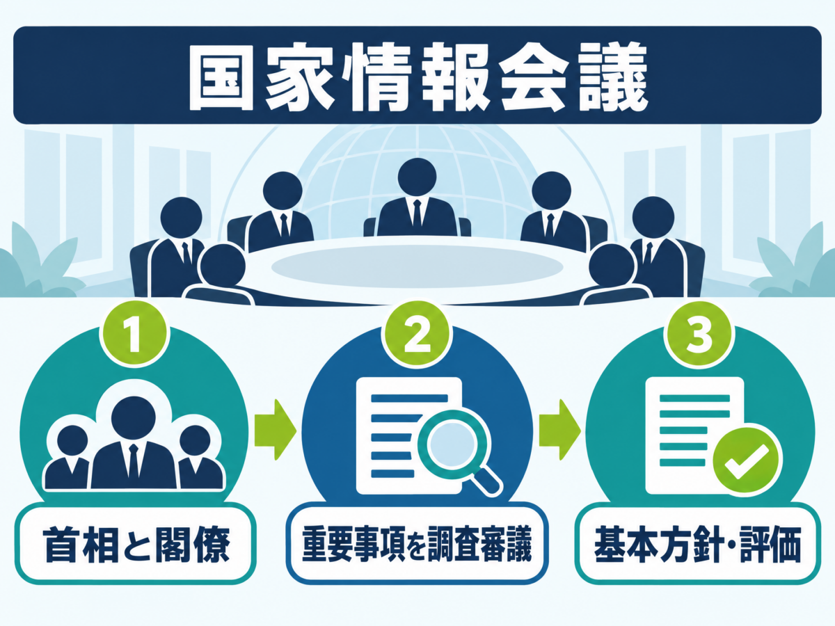 国家情報会議で首相と閣僚が重要事項を調査審議する流れを示す図解
