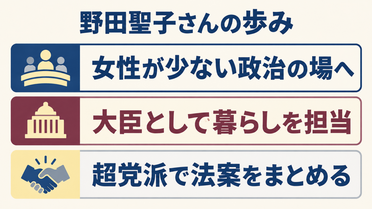 県議から大臣、超党派の法案づくりへと続く野田聖子氏の3つの場面を示す振り返り図解