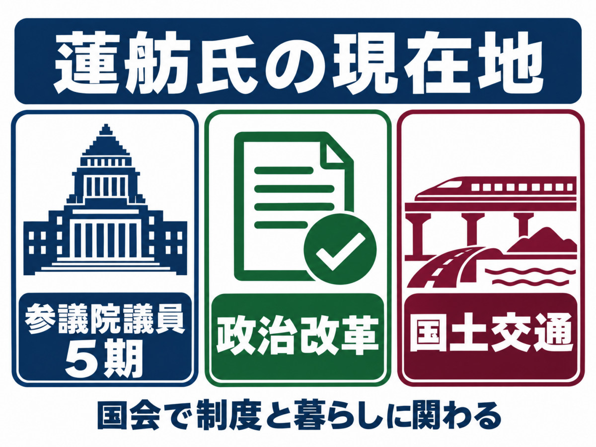蓮舫氏の現在の役割を参議院議員、政治改革、国土交通の3点で示す要約図解