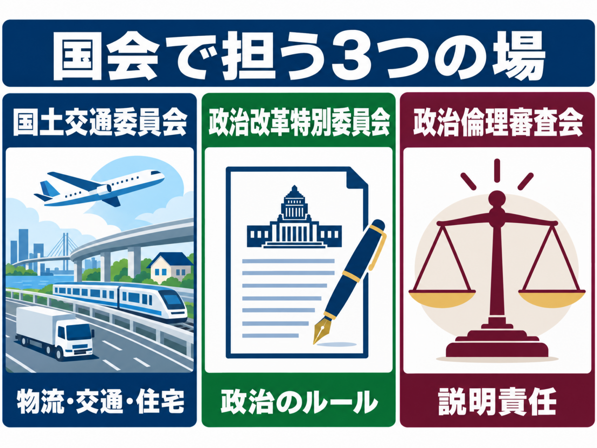 蓮舫氏が国会で担う国土交通、政治改革、政治倫理の三つの場を示す図解