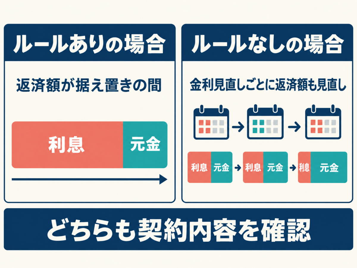 返済額据え置き中の利息と元金の内訳変化とルールなしの場合を比べる図解