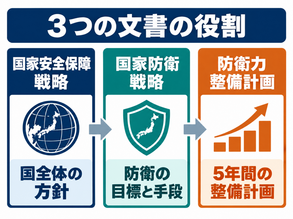 国家安全保障戦略、国家防衛戦略、防衛力整備計画の役割を3つのカードで比較した図解