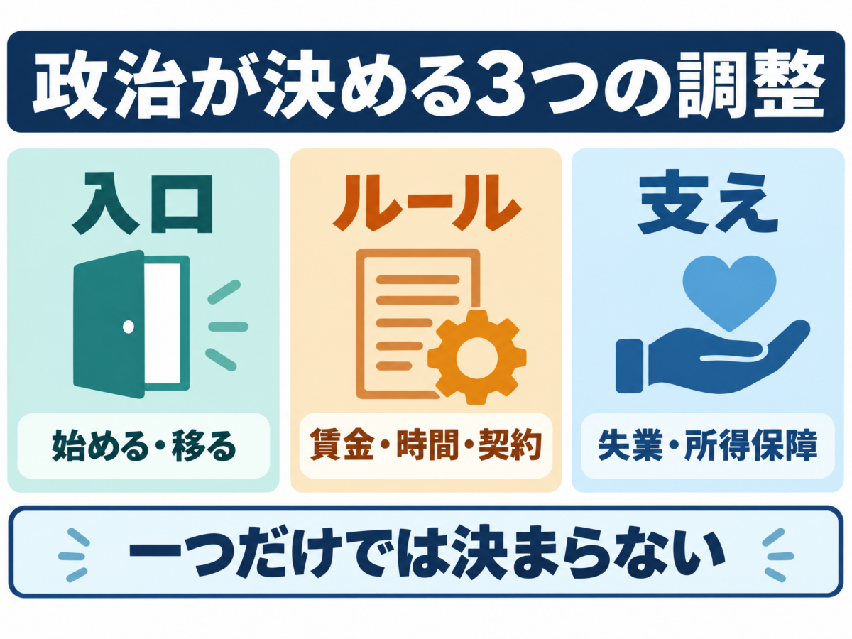 働き方に関する政治の選択を入口、ルール、所得保障の3点で示す図解