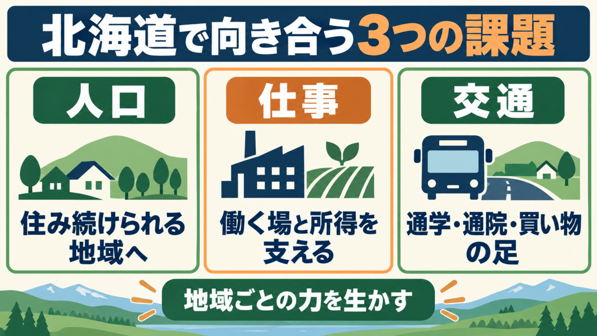鈴木直道知事が北海道で向き合う人口、仕事、交通の三つの地域課題を示す図解