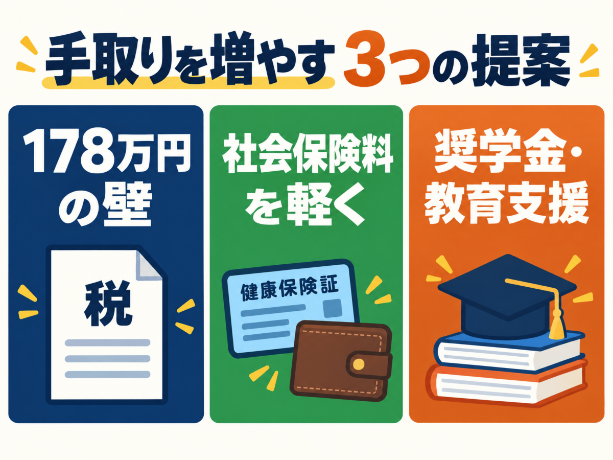 178万円の壁、社会保険料、教育支援の3つの提案を示す図解
