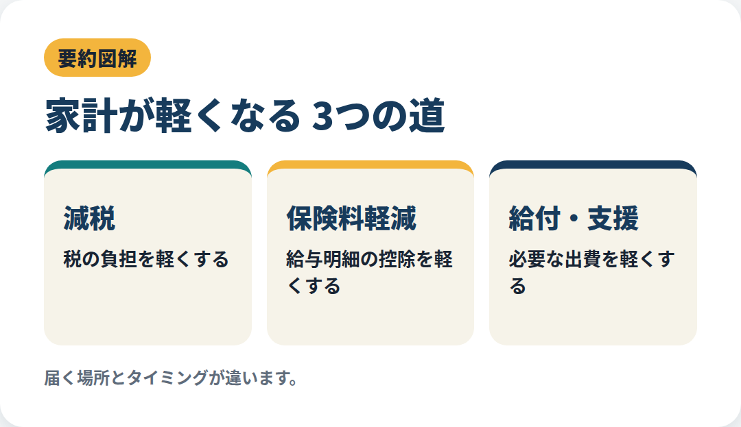 減税と給付で手取りと支出のどちらが軽くなるかをわかりやすく示す要約図解