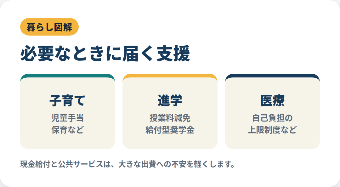 現金給付と教育医療など公共サービスの拡充が支出を軽くする場面を示す図解