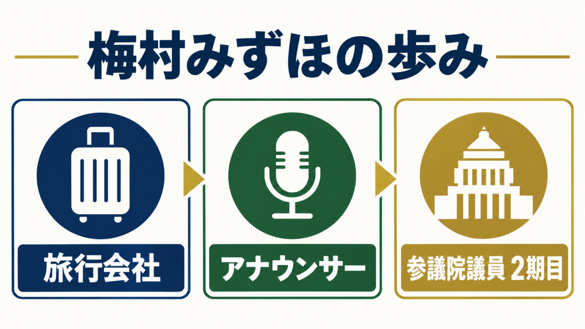 梅村みずほのJTB、アナウンサー、参議院議員二期目という経歴を示す要約図解