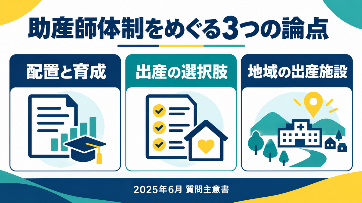 吉川里奈が助産師体制について国会で取り上げた配置育成、出産の選択肢、地域の出産施設という三つの論点を示す図解
